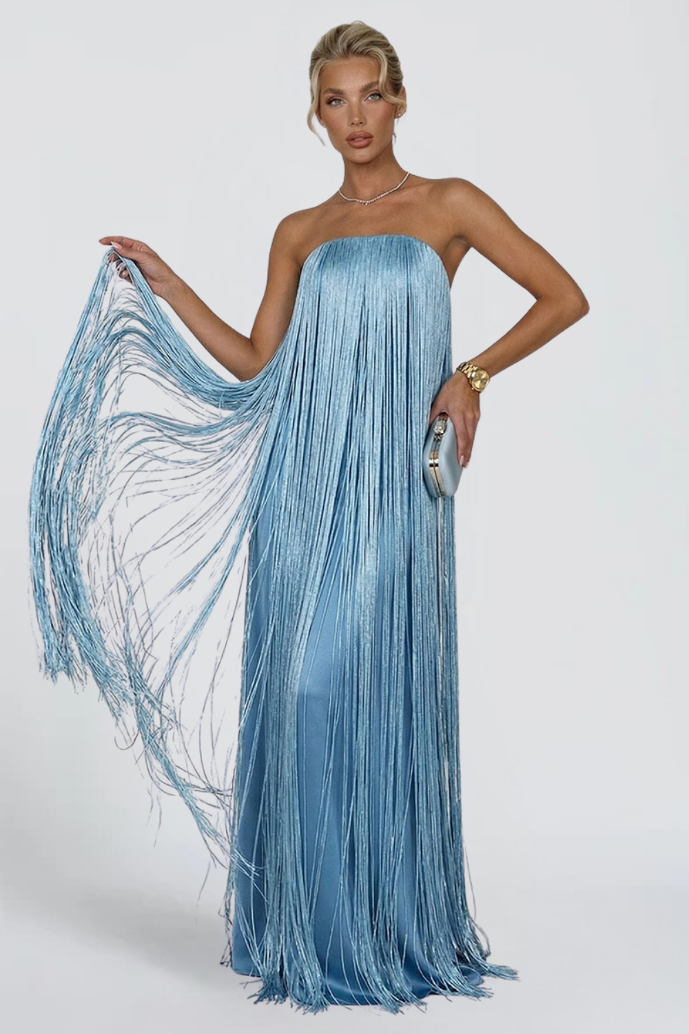MISS MONDAY | VESTIDO LARGO STRAPLESS FRINGE