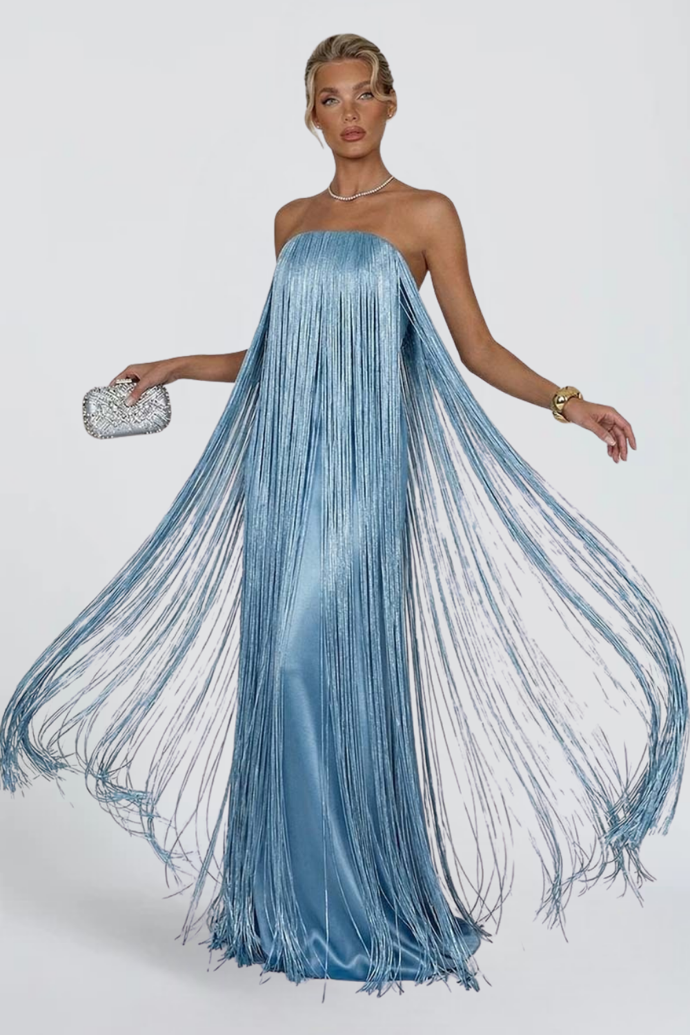 MISS MONDAY | VESTIDO LARGO STRAPLESS FRINGE